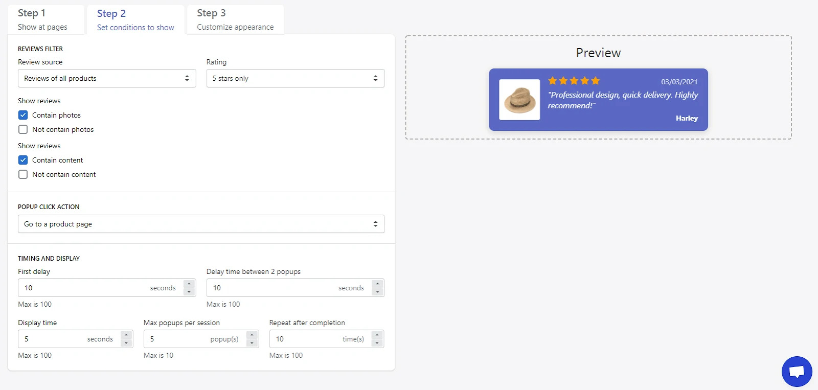 Settings of the new feature review popup of LAI shopify app